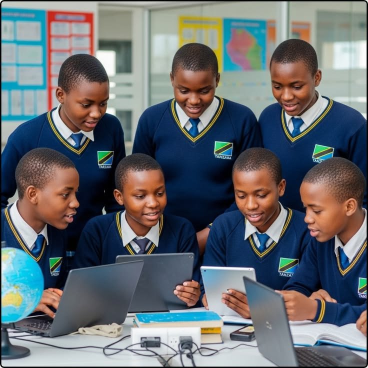School students collaborating with laptops and tablets